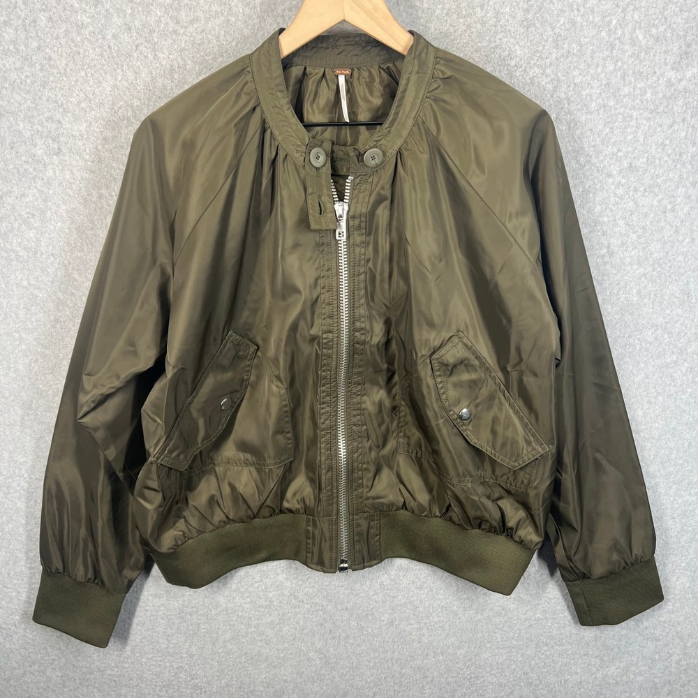 Free People Bomber Jacket Women L Olive Green Full Zip Ribbed Trim Pockets‎ EUC
